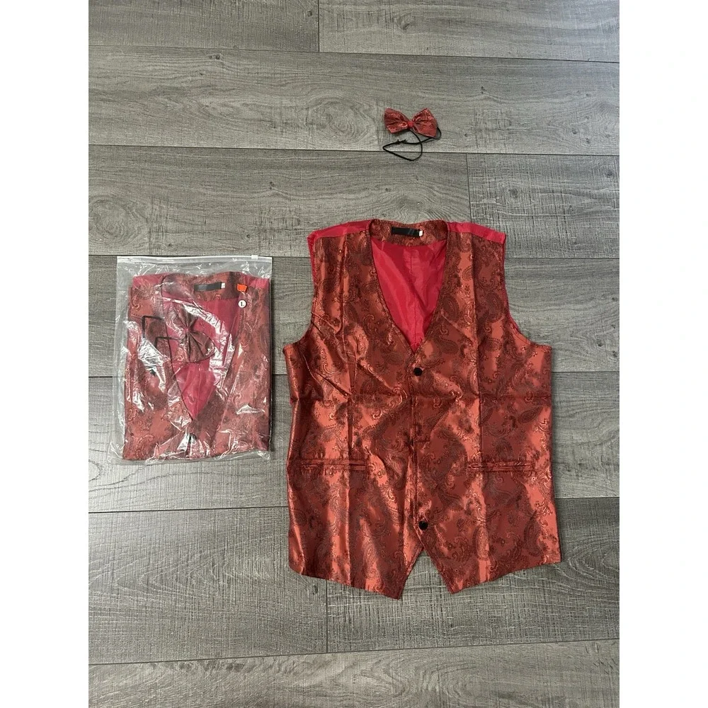 Men's Red Paisley Formal Tuxedo Vest Waistcoat w/ Matching Bow Tie, XL